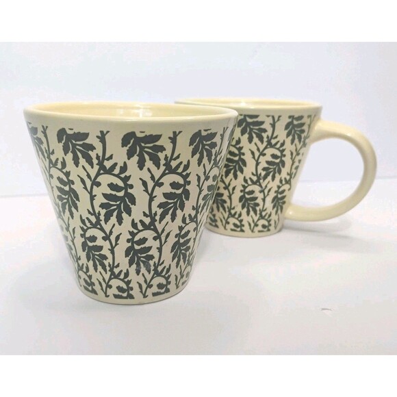 Vtg Roscher Ambiance Coffee Mugs Stoneware Green Cream Floral Leaves Cups - Picture 1 of 12